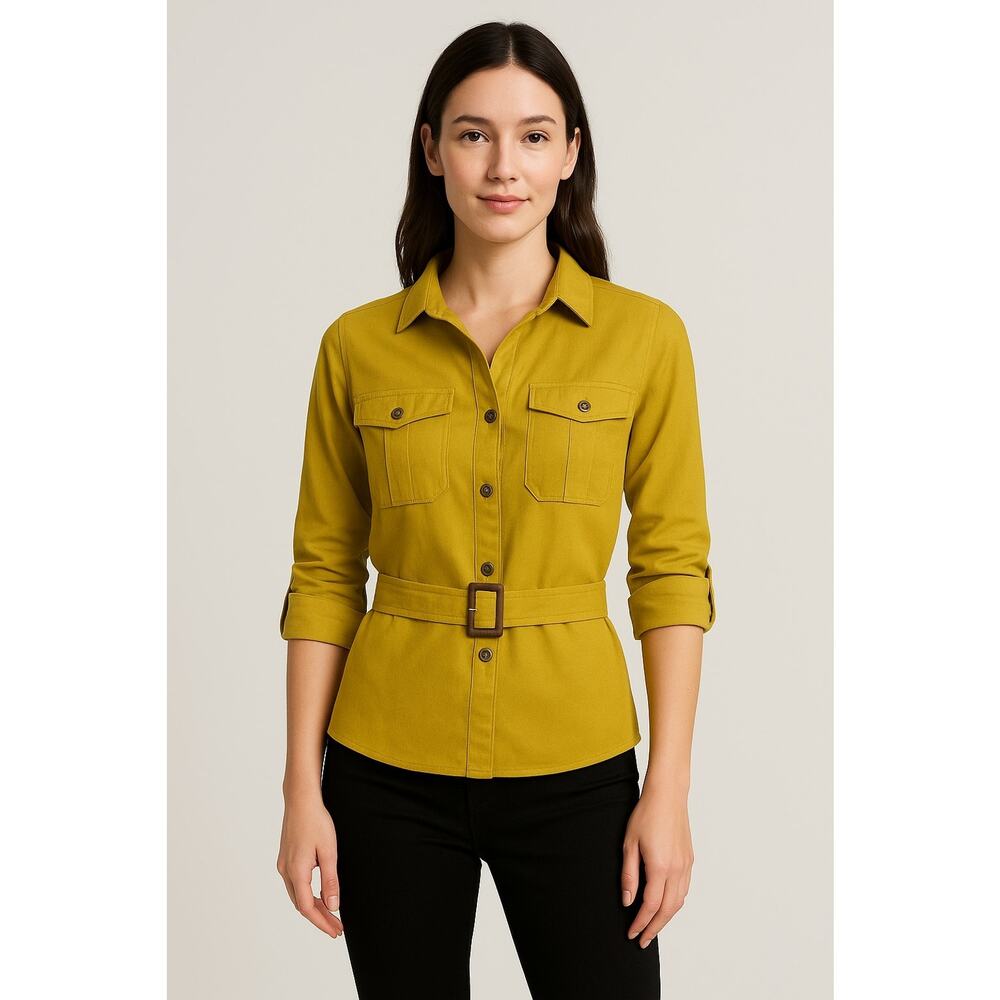 Bechamel Mustard Linen Blend Roll Tab Sleeve Belted Button Up Shirt Womans Sz XL